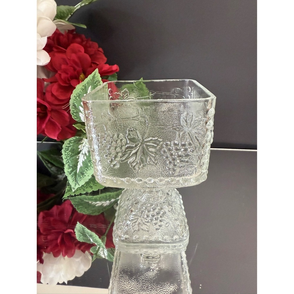 Vintage Grapevine Pedestal Compote Glass Square Bowl Embossed Grape Leaf Design